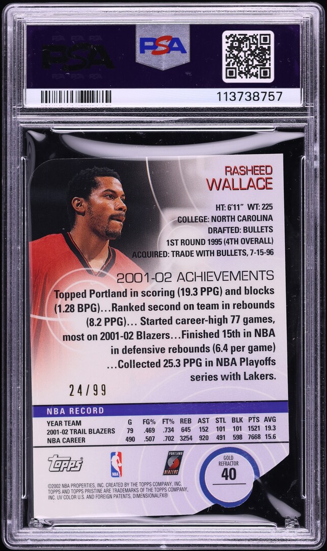 2002 Topps Pristine Gold Refractor Die-Cut Rasheed Wallace /99 #40 PSA 9 MINT