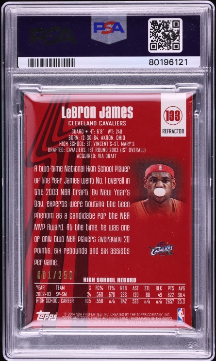 2003 Finest Refractor LeBron James ROOKIE 1/250 #133 PSA 8 NM-MT - Photo 2