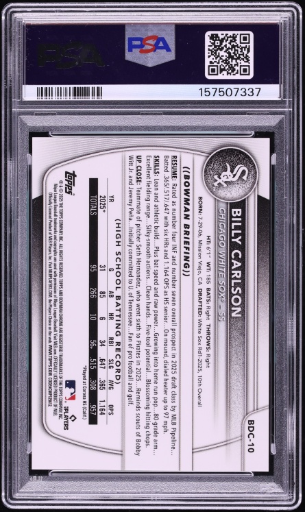 2025 Bowman Chrome Draft Sapphire Padparadscha Billy Carlson PROSPECT 1/1 #10 PSA 9 MINT - Photo 2