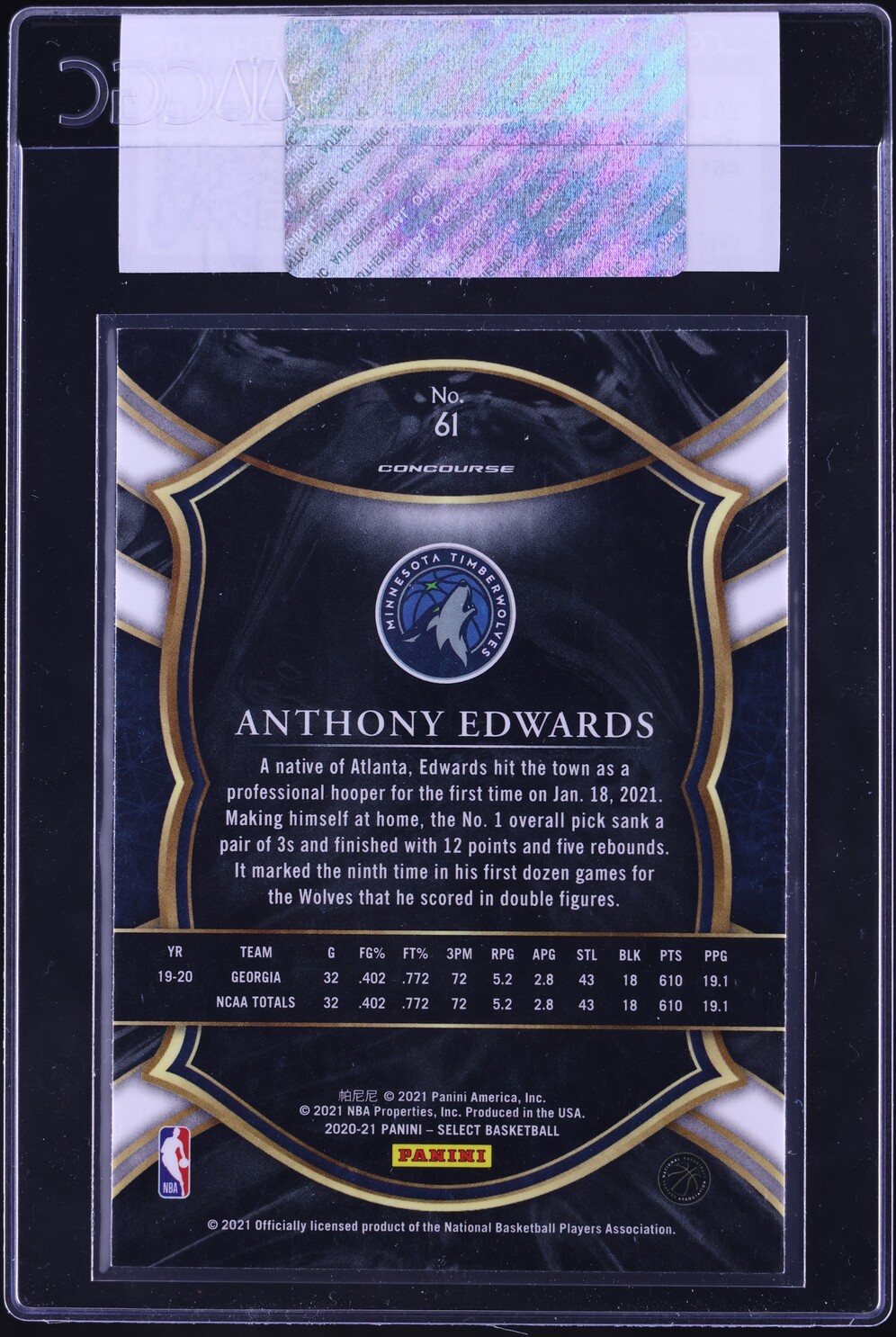 2020 Select Concourse Retail Blue Prizm Anthony Edwards ROOKIE #61 CGC AUTH