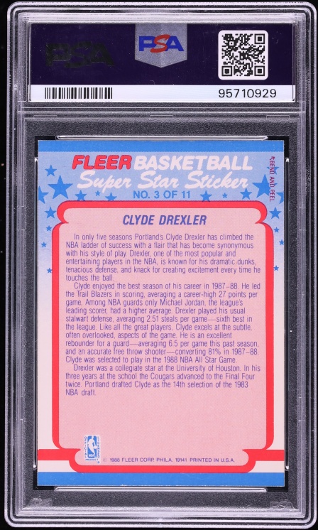 1988 Fleer Sticker Clyde Drexler #3 PSA 8(st) NM-MT