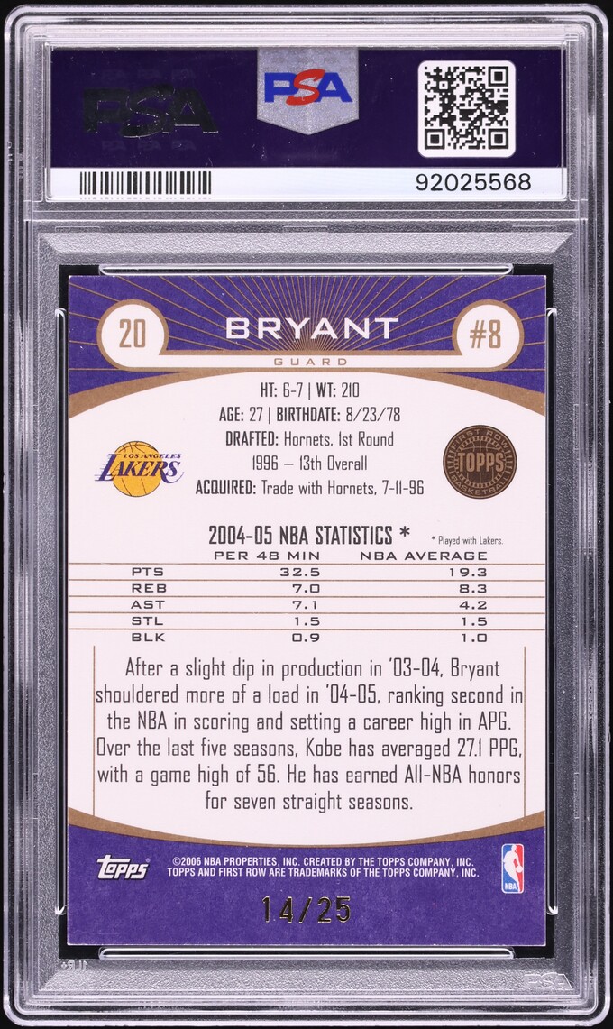 2005 Topps First Row Sepia Kobe Bryant /25 #20 PSA 8 NM-MT