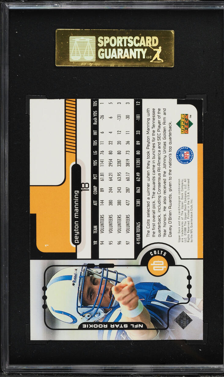 1998 Upper Deck Football Peyton Manning ROOKIE #1 SGC 8 NM-MT