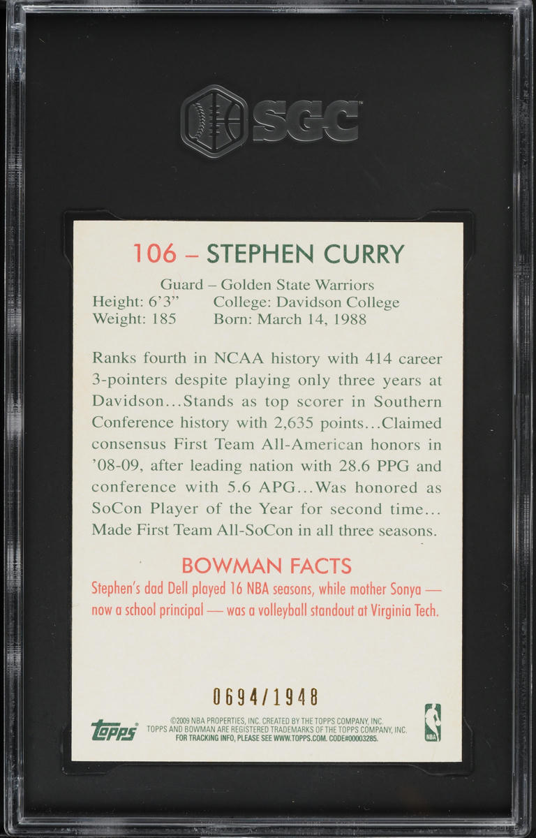 2009 Bowman '48 Blue Stephen Curry ROOKIE /1948 #106 SGC 8.5 NM-MT+ - Photo 2