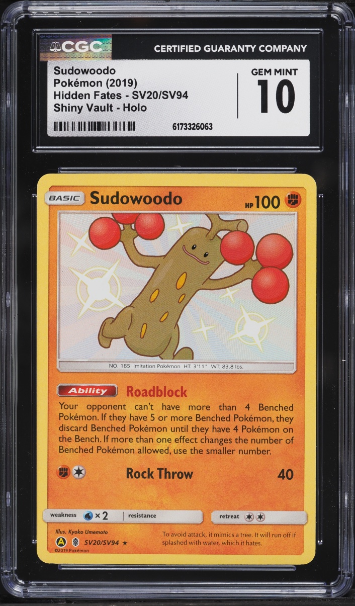 2019 Pokemon Sun & Moon Hidden Fates Shiny Sudowoodo #SV20 CGC 10 GEM MINT