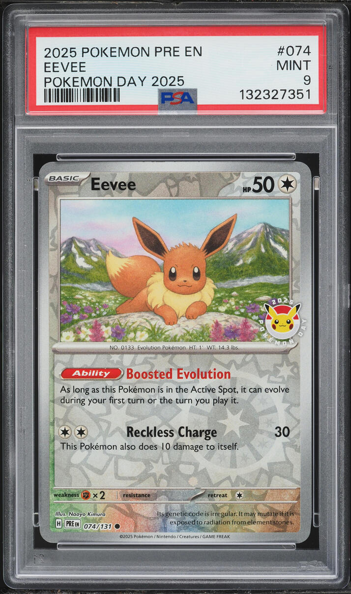 2025 Pokemon Scarlet & Violet Prismatic Evolutions Day '25 Reverse Holo Eevee #74 PSA 9 MINT