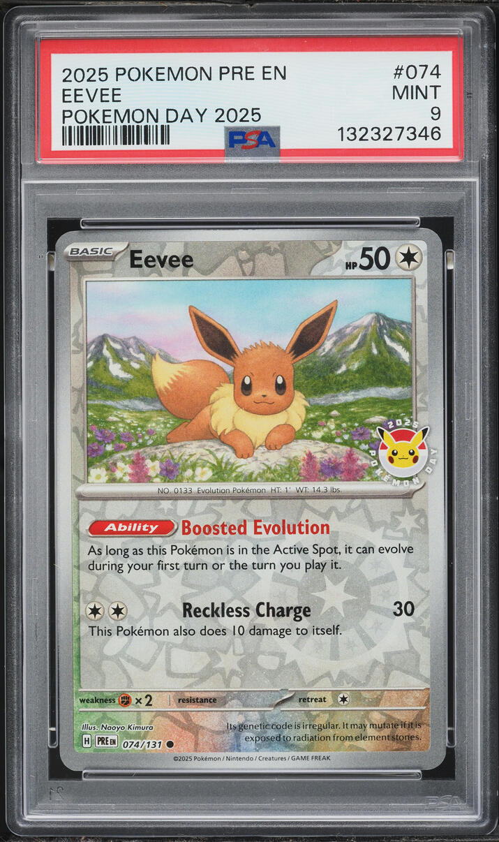 2025 Pokemon Scarlet & Violet Prismatic Evolutions Day '25 Reverse Holo Eevee #74 PSA 9 MINT