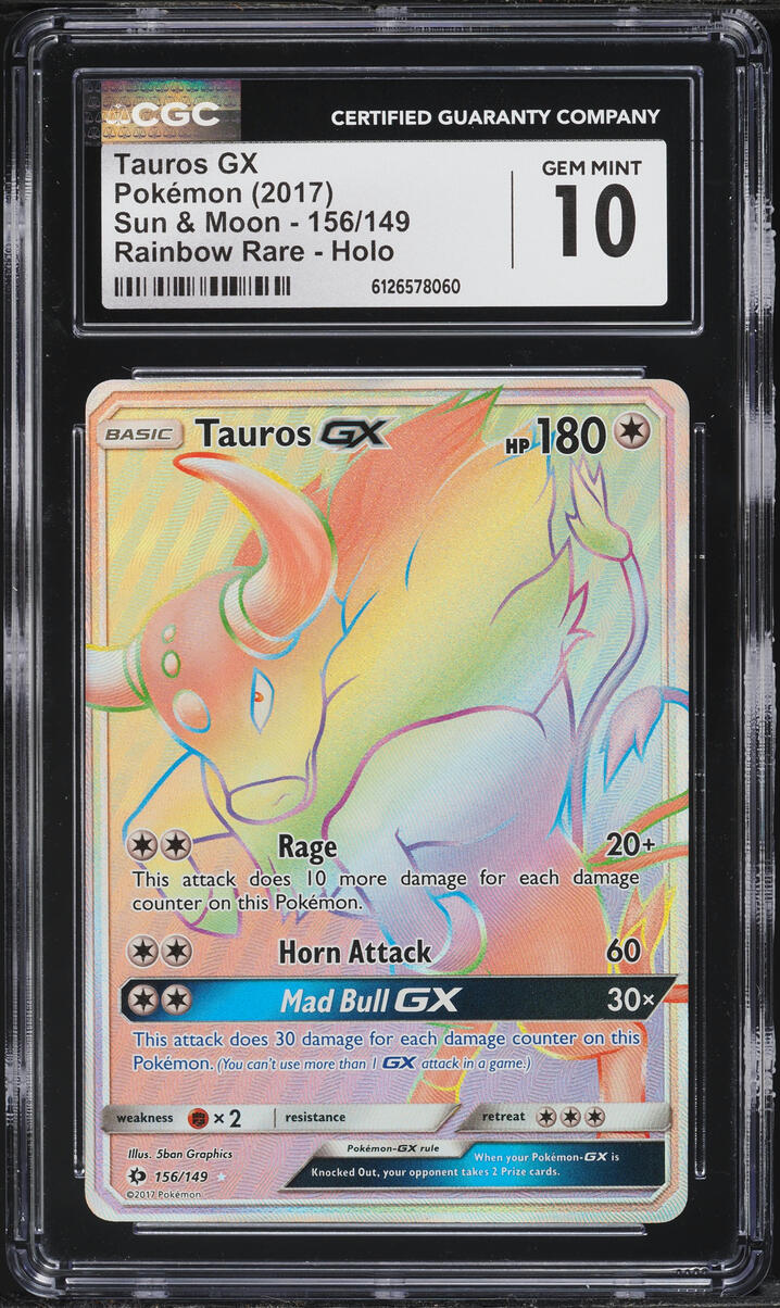 2017 Pokemon Sun & Moon Rainbow Rare Tauros GX #156 CGC 10 GEM MINT