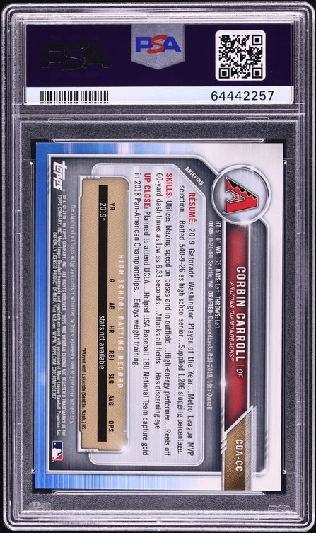 2019 Bowman Chrome Red Refractor Corbin Carroll PROSPECT AUTO DNA 10 /5 #CDA-CC PSA 9 MINT