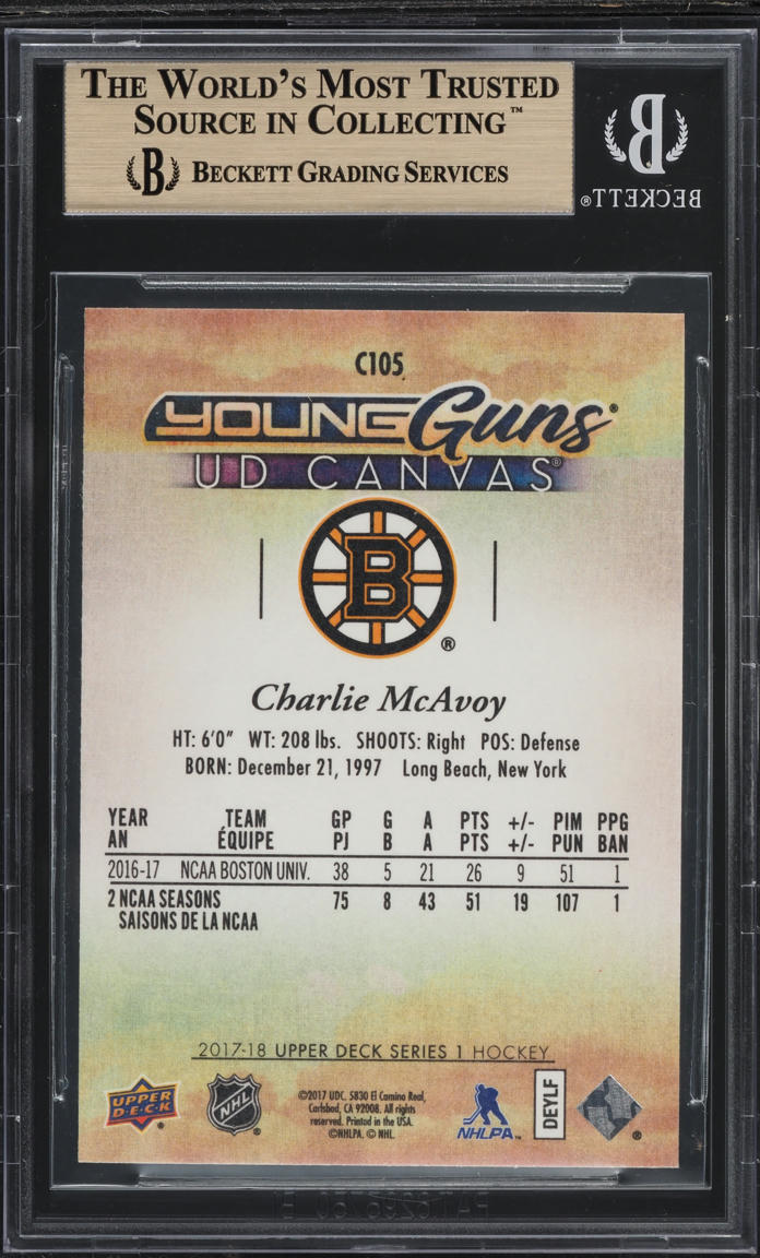 2017 Upper Deck Canvas Young Guns Charlie McAvoy ROOKIE #C105 BGS 9.5 GEM MINT