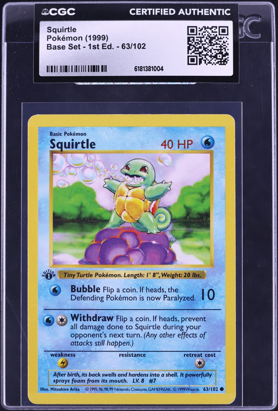 1999 Pokemon Base Set Shadowless 1st Edition Squirtle #63 CGC AUTH