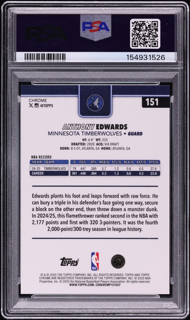 2025 Topps Chrome Sapphire Edition Gold Anthony Edwards /50 #151 PSA 10 GEM MINT