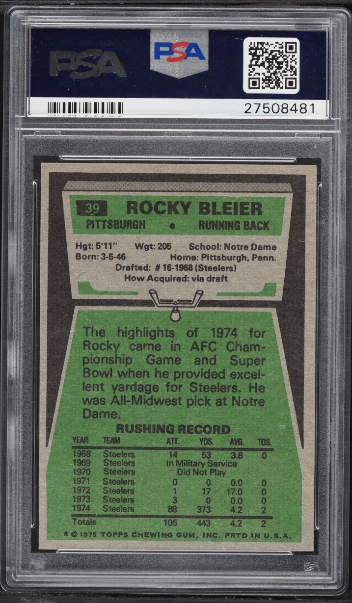 1975 Topps Football Rocky Bleier ROOKIE #39 PSA 9 MINT