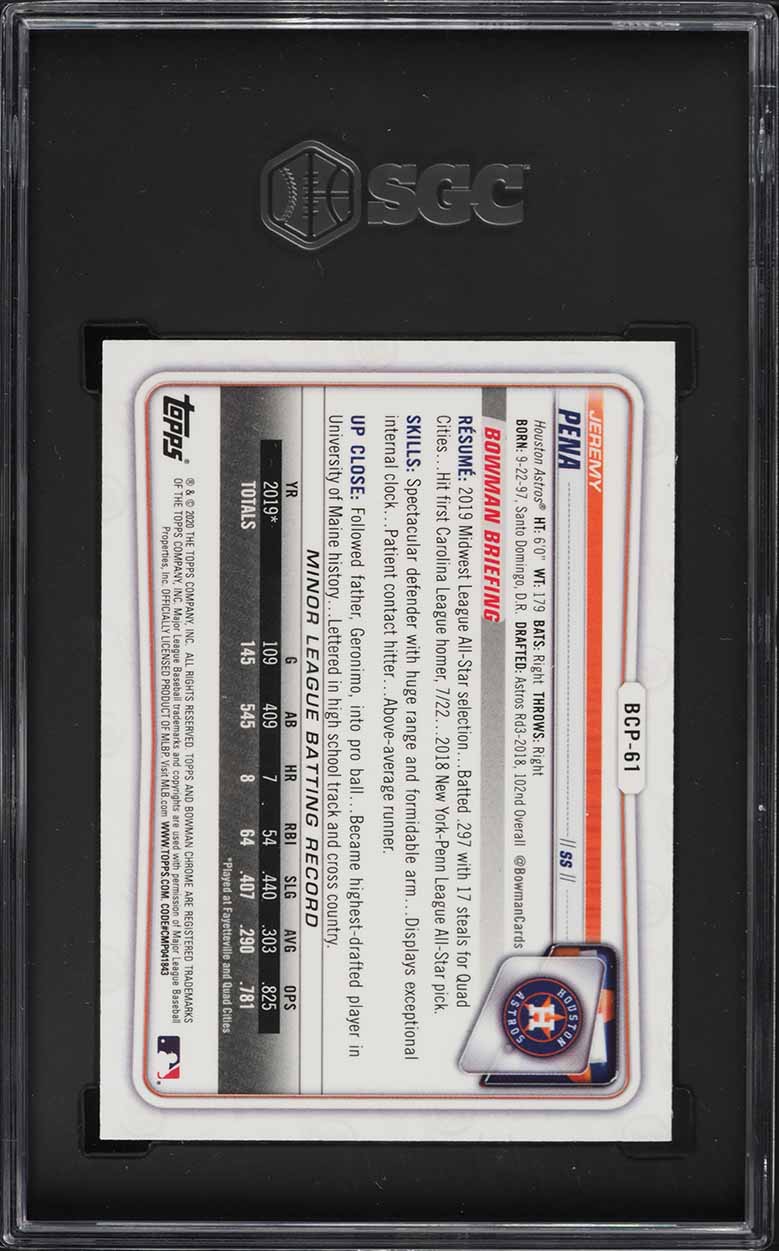 2020 Bowman Chrome Sapphire Edition Jeremy Pena ROOKIE #BCP-61 SGC 9.5 MINT+