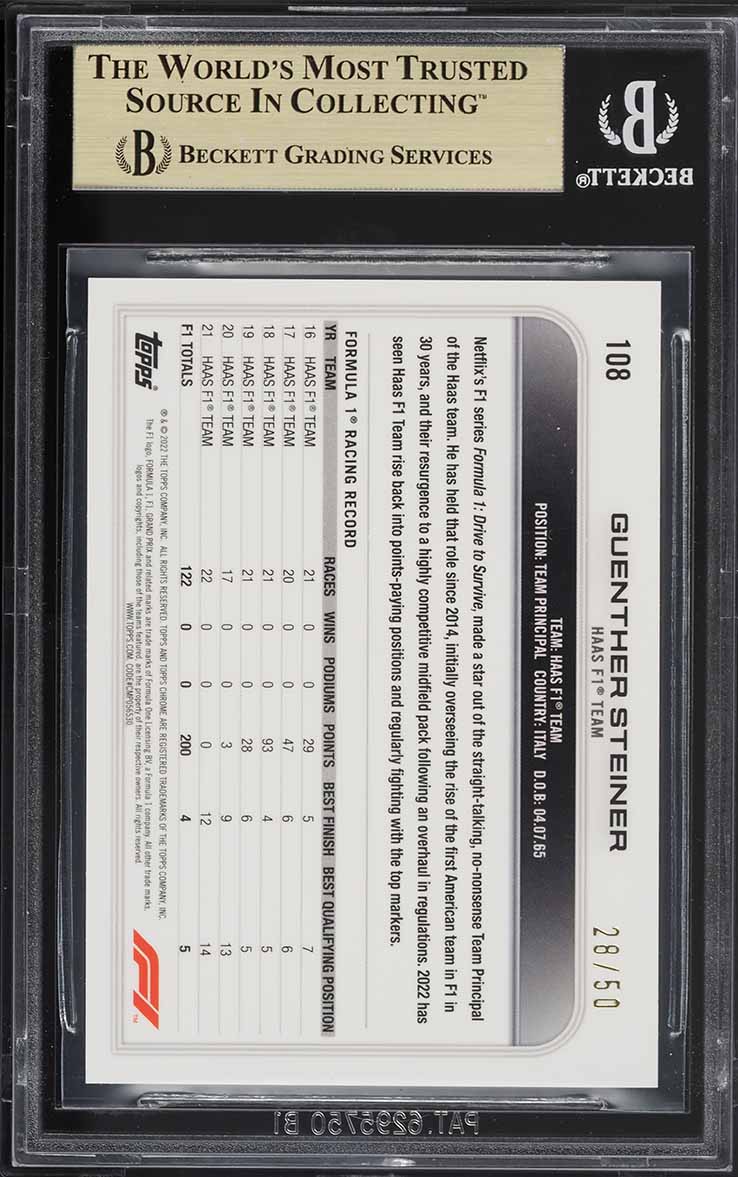2022 Topps Chrome Formula 1 F1 Sapphire Gold Guenther Steiner /50 #108 BGS 9.5