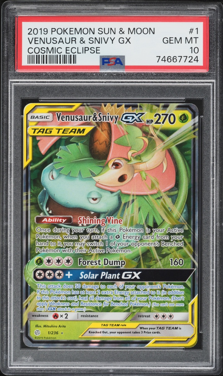 2019 Pokemon Sun & Moon Cosmic Eclipse Alt Art Venusaur & Snivy GX #1 PSA 10 GEM MINT