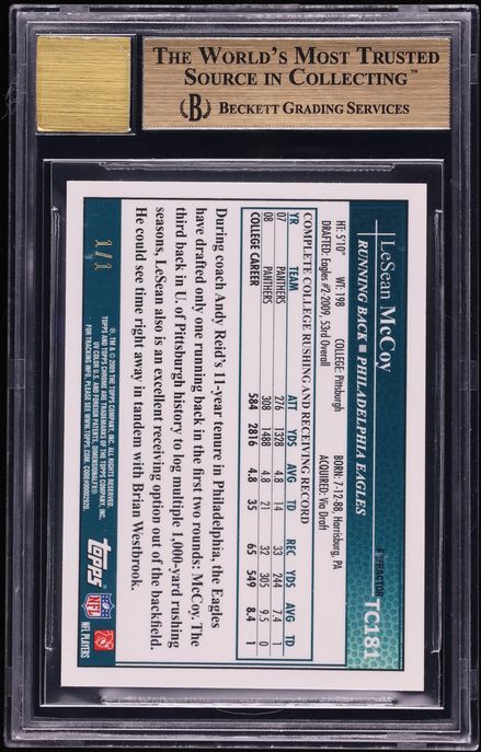 2009 Topps Chrome Superfractor LeSean McCoy ROOKIE AUTO 1/1 #TC181 BGS 9.5 GEM MINT
