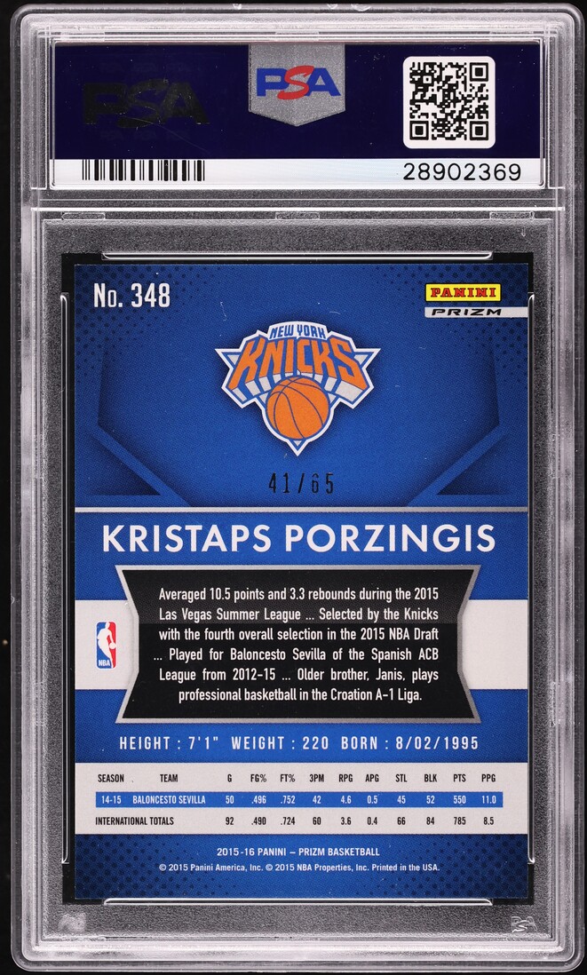 2015 Panini Prizm Orange Kristaps Porzingis ROOKIE /65 #348 PSA 10 GEM MINT