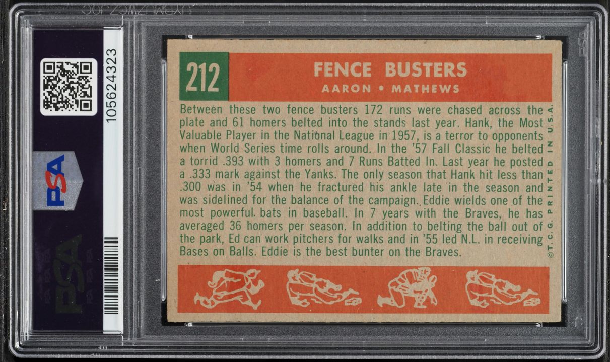 1959 Topps Hank Aaron & Eddie Mathews FENCE BUSTERS #212 PSA 4 VGEX