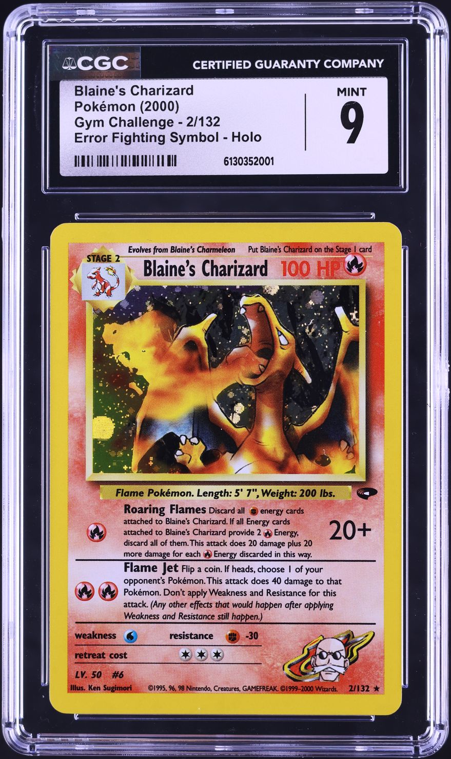 2000 Pokemon Gym Challenge Fighting Symbol Error Holo Blaine's Charizard #2 CGC 9 MINT