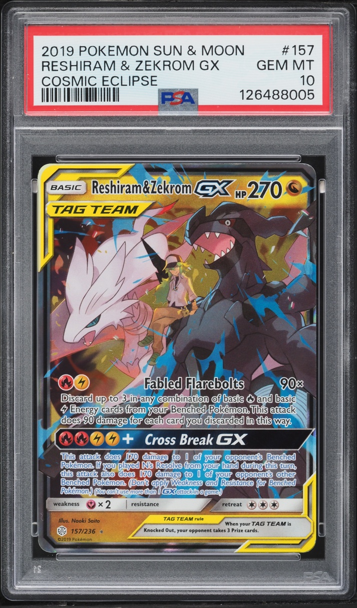 2019 Pokemon Sun & Moon Cosmic Eclipse Holo Reshiram & Zekrom GX #157 PSA 10 GEM MINT