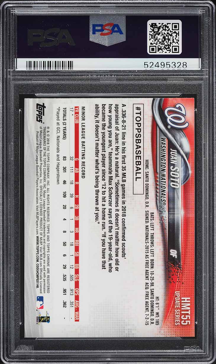 2018 Topps Chrome Update Juan Soto ROOKIE #HMT55 PSA 10 GEM MINT