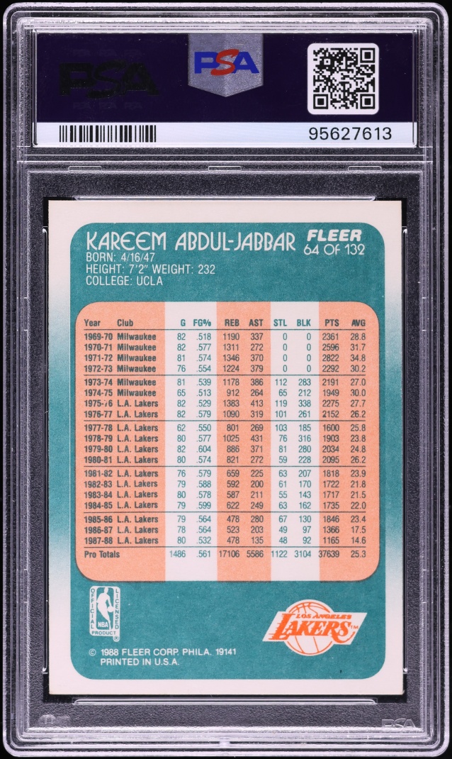 1988 Fleer Basketball Kareem Abdul-Jabbar #64 PSA 8 NM-MT