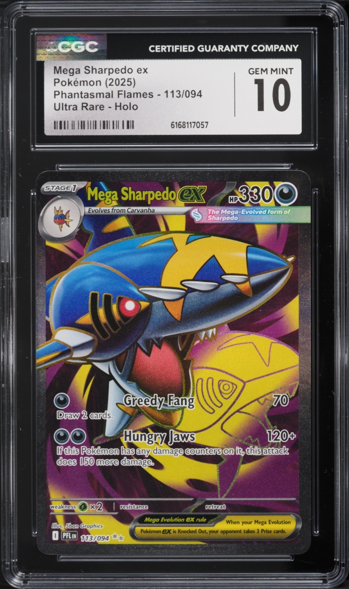 2025 Pokemon Mega Evolution Phantasmal Flames Full Art Mega Sharpedo Ex #113 CGC 10 GEM MINT