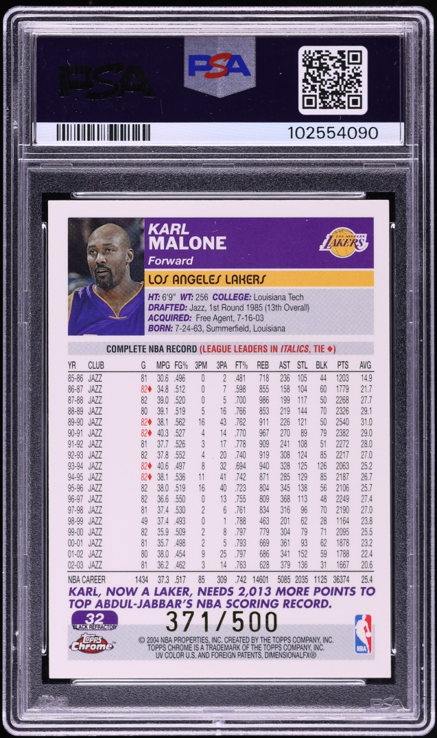 2003 Topps Chrome Black Refractor Karl Malone /500 #32 PSA 6 EXMT