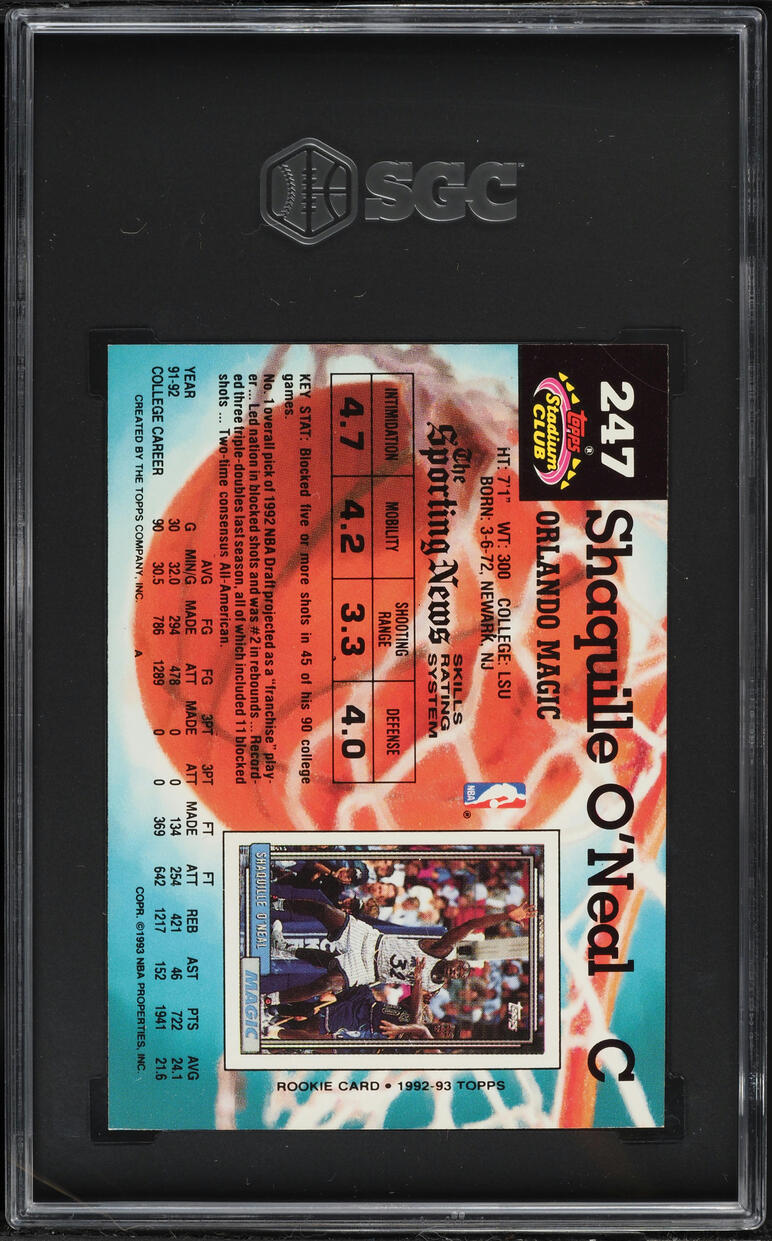 1992 Stadium Club Basketball Shaquille O'Neal ROOKIE #247 SGC 8 NM-MT