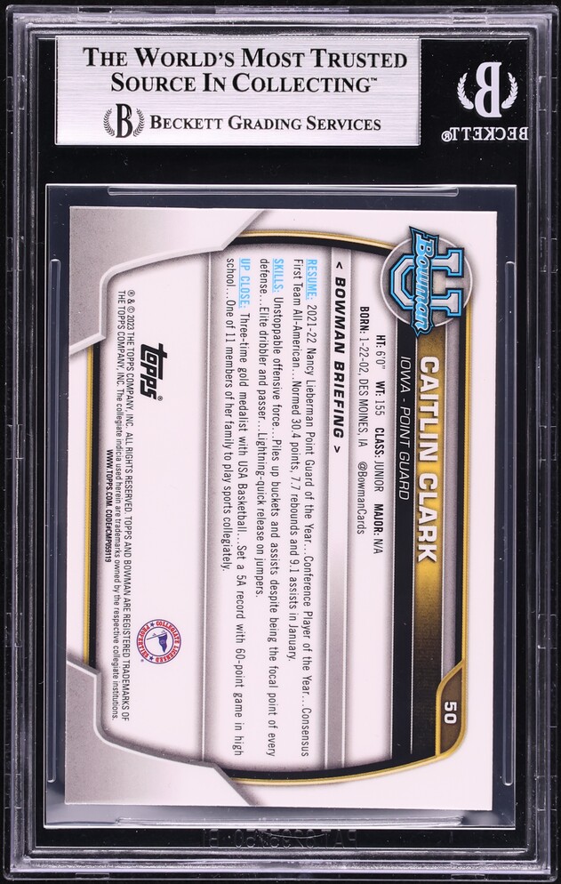 2022 Bowman Chrome University Caitlin Clark ROOKIE #50 BGS 9 MINT