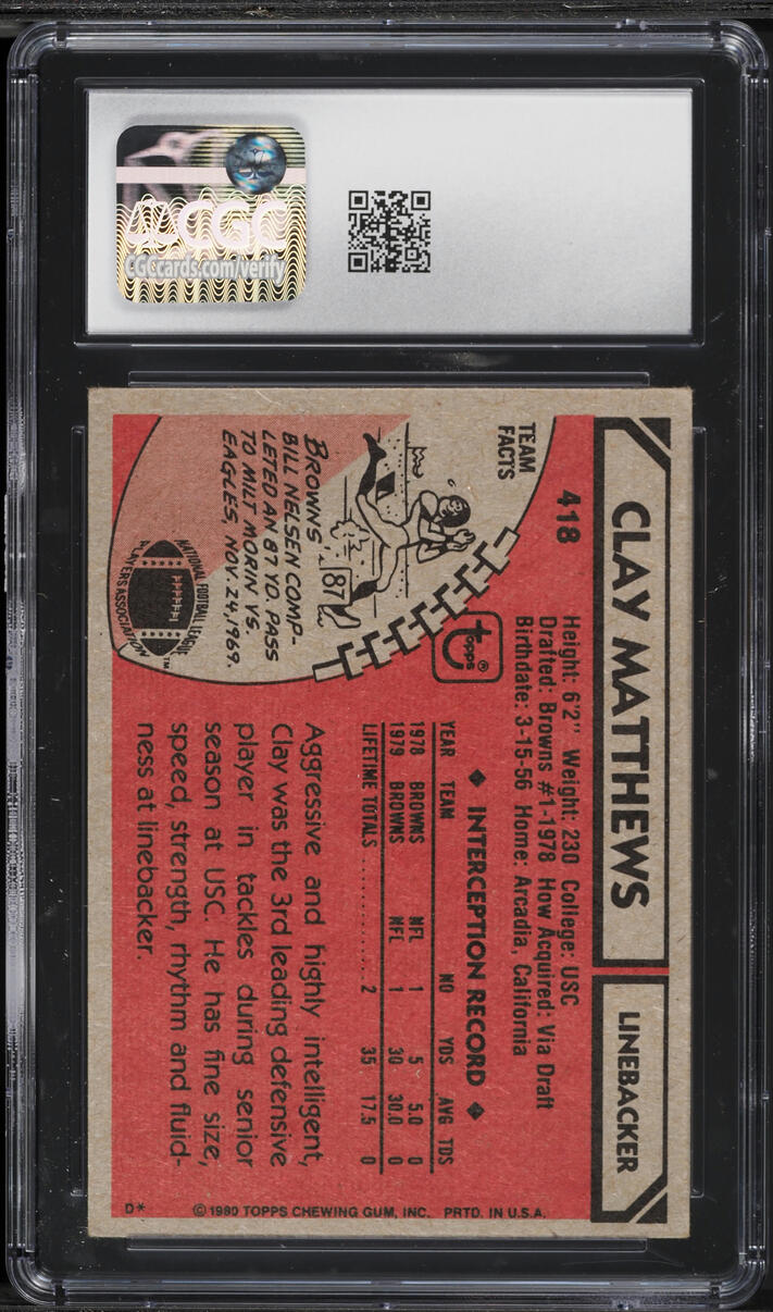 1980 Topps Football Clay Matthews ROOKIE #418 CGC 5.5 EX+