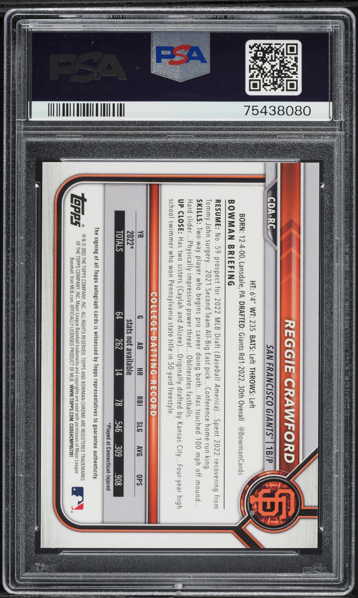2022 Bowman Chrome Blue Refractor Reggie Crawford PROSPECT AUTO /150 PSA 10