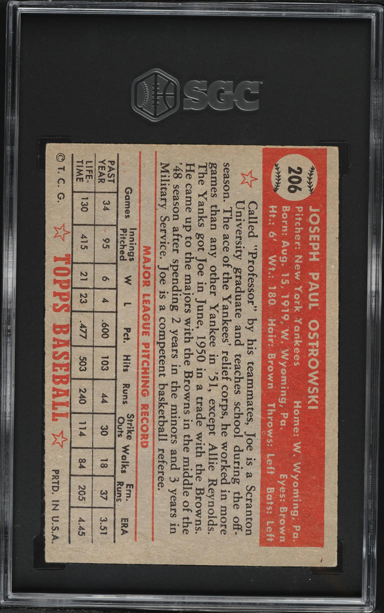 1952 Topps Joe Ostrowski #206 SGC 4 VGEX