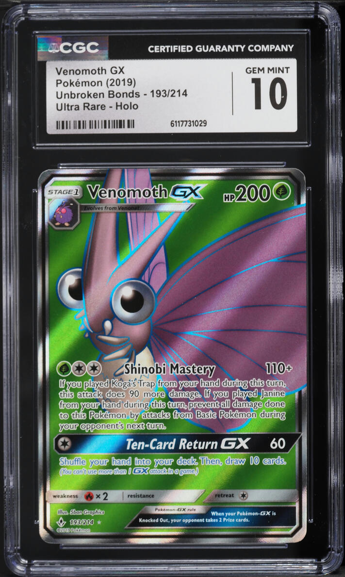 2019 Pokemon Sun & Moon Unbroken Bonds Full Art Venomoth GX #193 CGC 10 GEM MINT