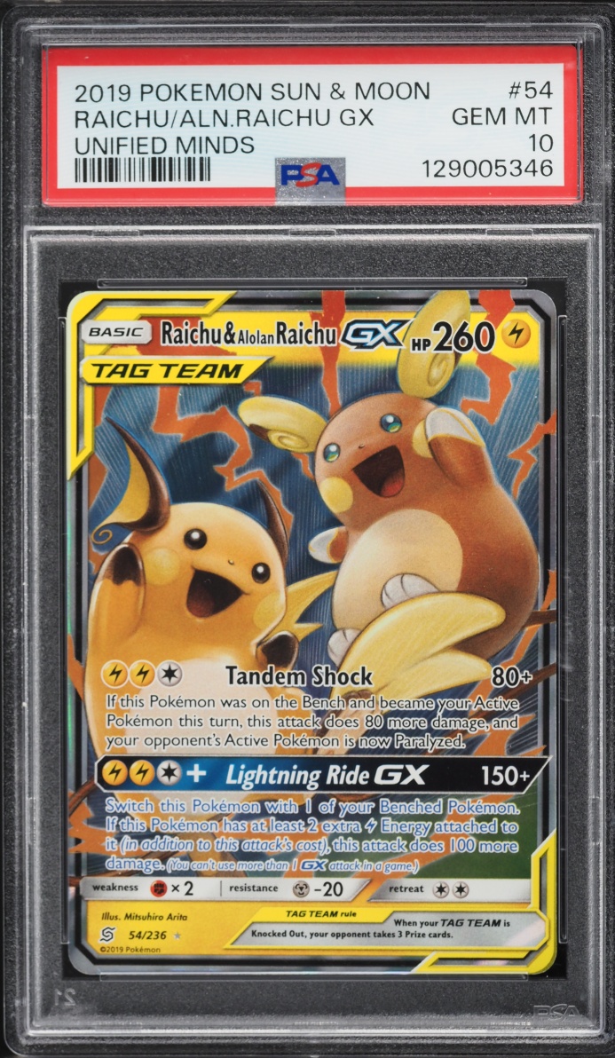 2019 Pokemon Sun & Moon Unified Minds Holo Raichu & Alolan Raichu GX #54 PSA 10 GEM MINT