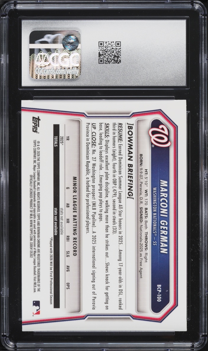 2026 Bowman Chrome Blue Shimmer Refractor Marconi German PROSPECT /150 #BCP-100 CGC 9.5 MINT+