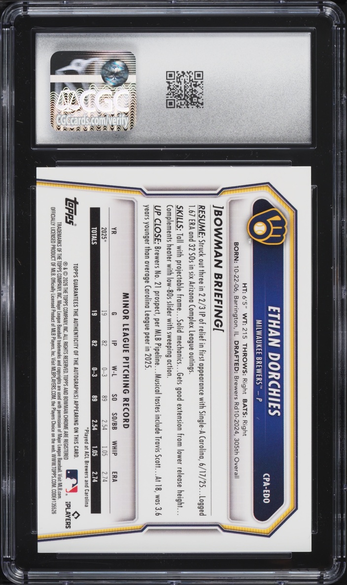 2026 Bowman Chrome Ethan Dorchies PROSPECT AUTO #CPA-EDO CGC 10 GEM MINT