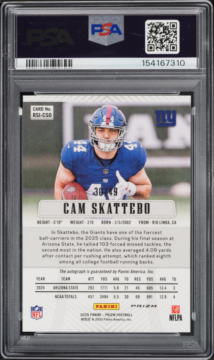 2025 Panini Prizm Retro '12 Purple Power Cam Skattebo ROOKIE AUTO /49 #RSI-CSO PSA 10 GEM MINT