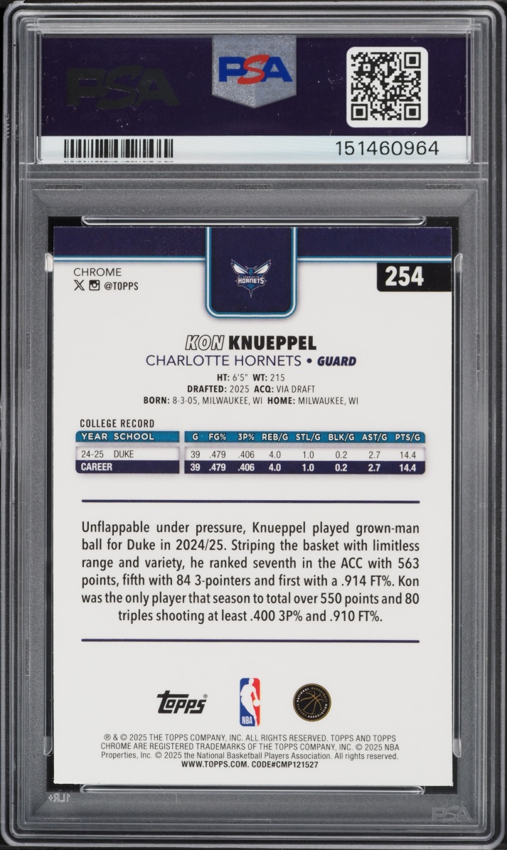 2025 Topps Chrome Sapphire Kon Knueppel ROOKIE #254 PSA 10 GEM MINT