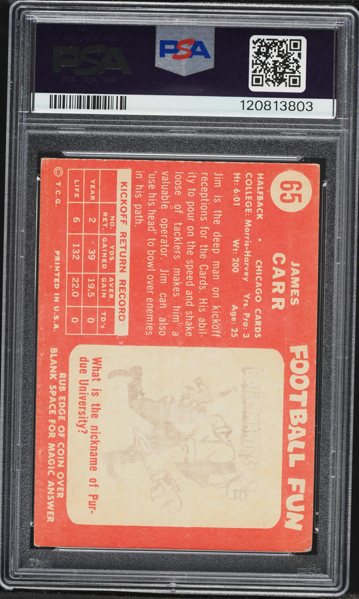 1958 Topps Football Jimmy Carr #65 PSA 3 VG
