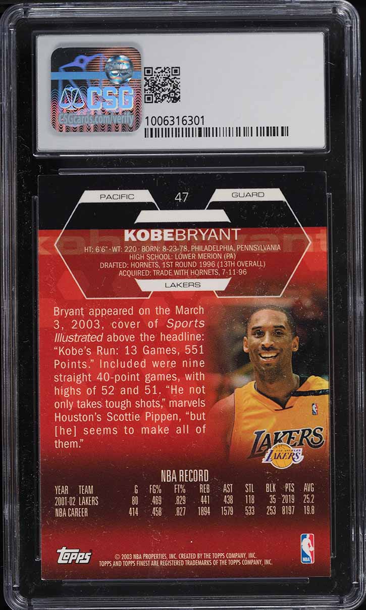 2002 Finest Basketball Kobe Bryant #47 CSG 8.5 NM-MT+
