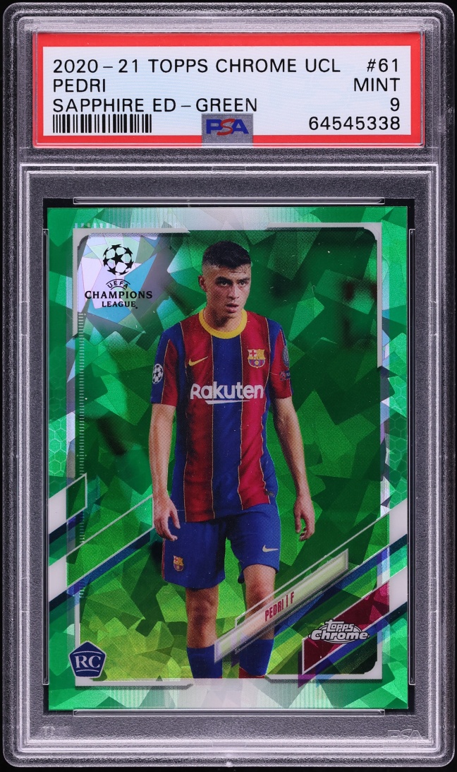 2020 Topps Chrome UEFA Champions League Sapphire Green Pedri ROOKIE /75 #61 PSA 9 MINT