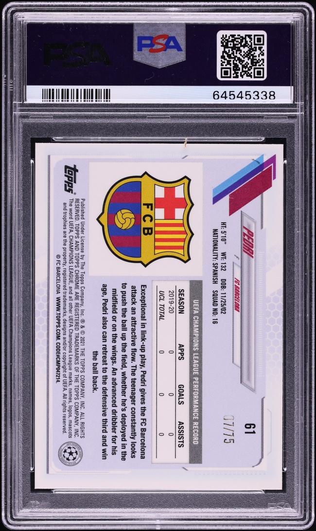 2020 Topps Chrome UEFA Champions League Sapphire Green Pedri ROOKIE /75 #61 PSA 9 MINT