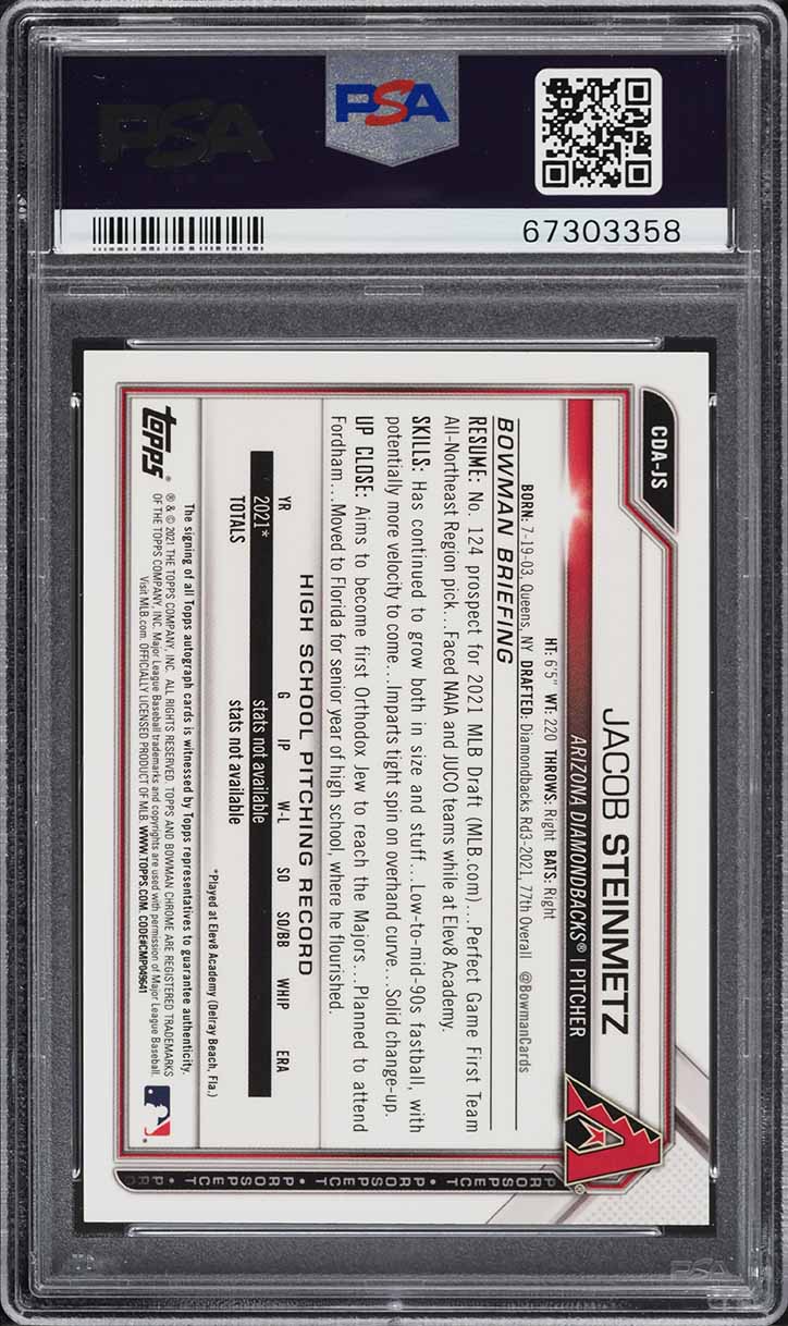 2021 Bowman Chrome Orange Refractor Jacob Steinmetz PROSPECT AUTO /25 PSA 9 MINT