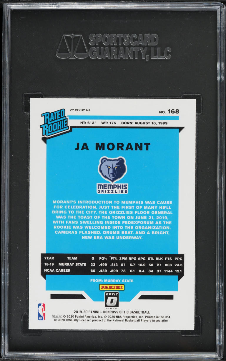 2019 Donruss Optic Purple Prizm Ja Morant ROOKIE #168 SGC 10 PRISTINE, GOLD