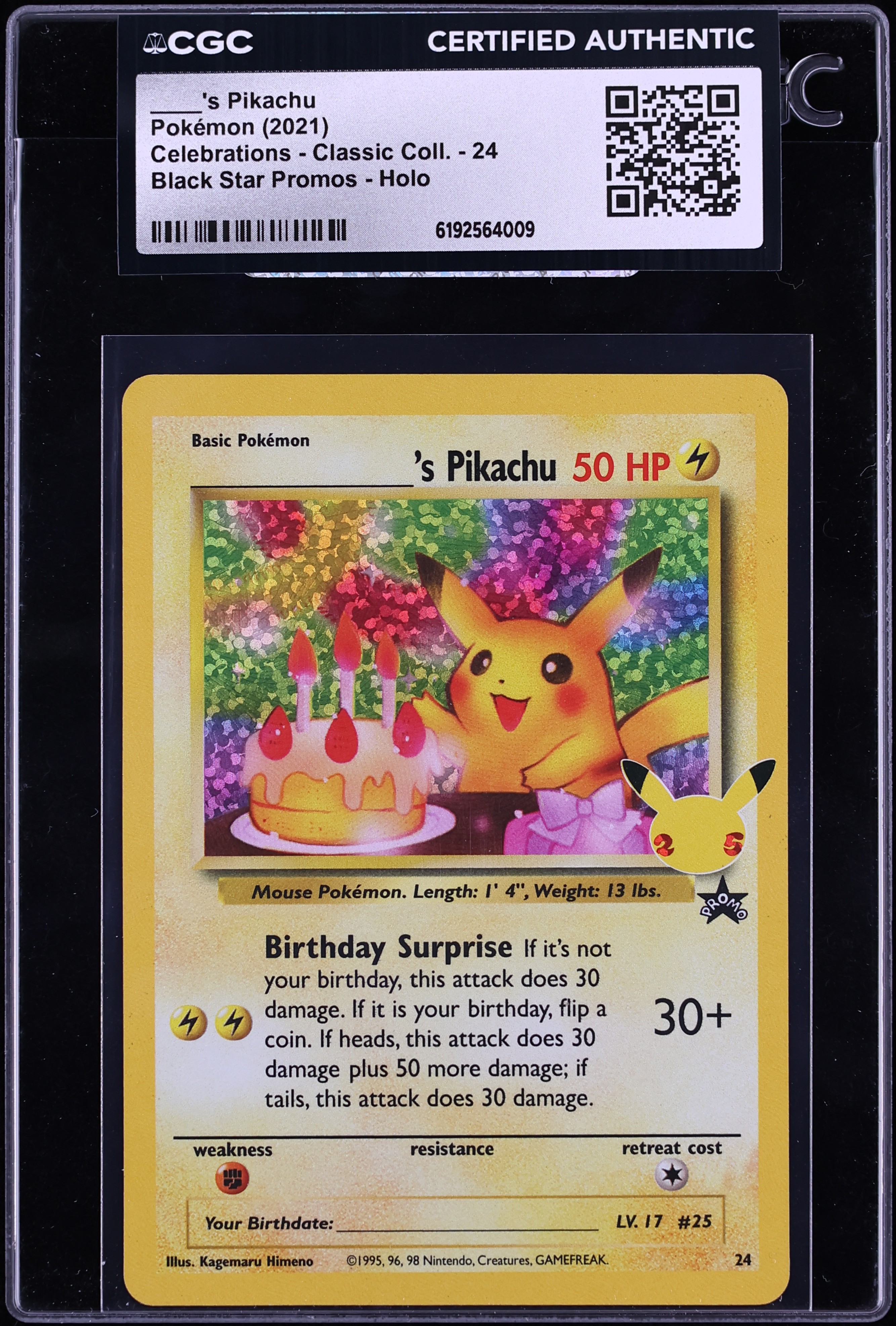 2021 Pokemon Sword & Shield Promo Celebrations Classic Holo Birthday Pikachu #24 CGC AUTH