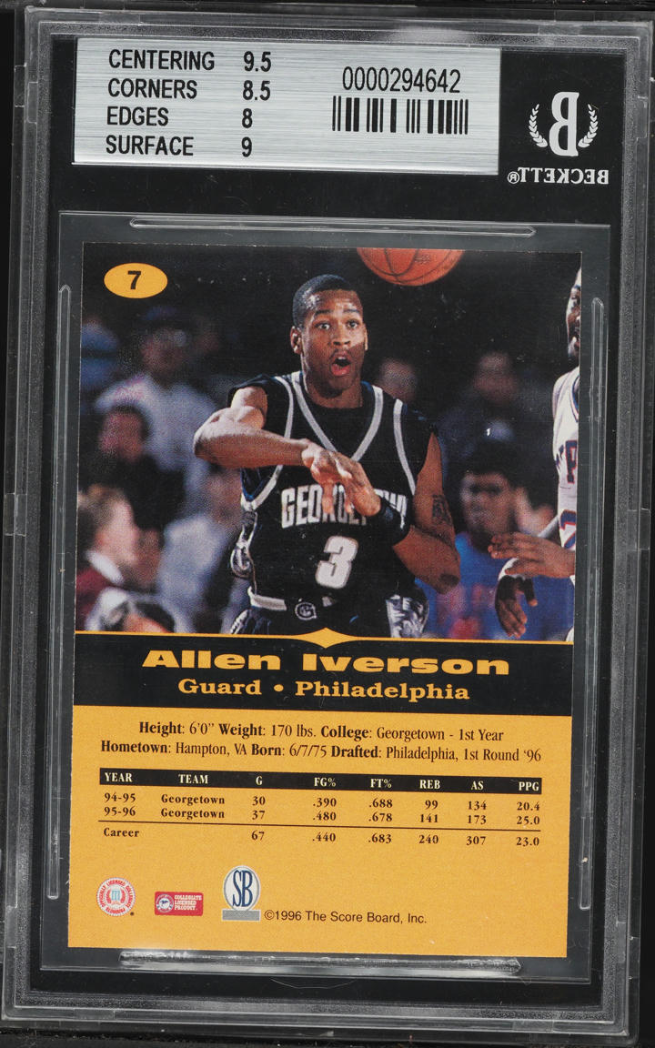 1996 Score Board All Sport PPF Allen Iverson ROOKIE #7 BGS 8.5 NM-MT+