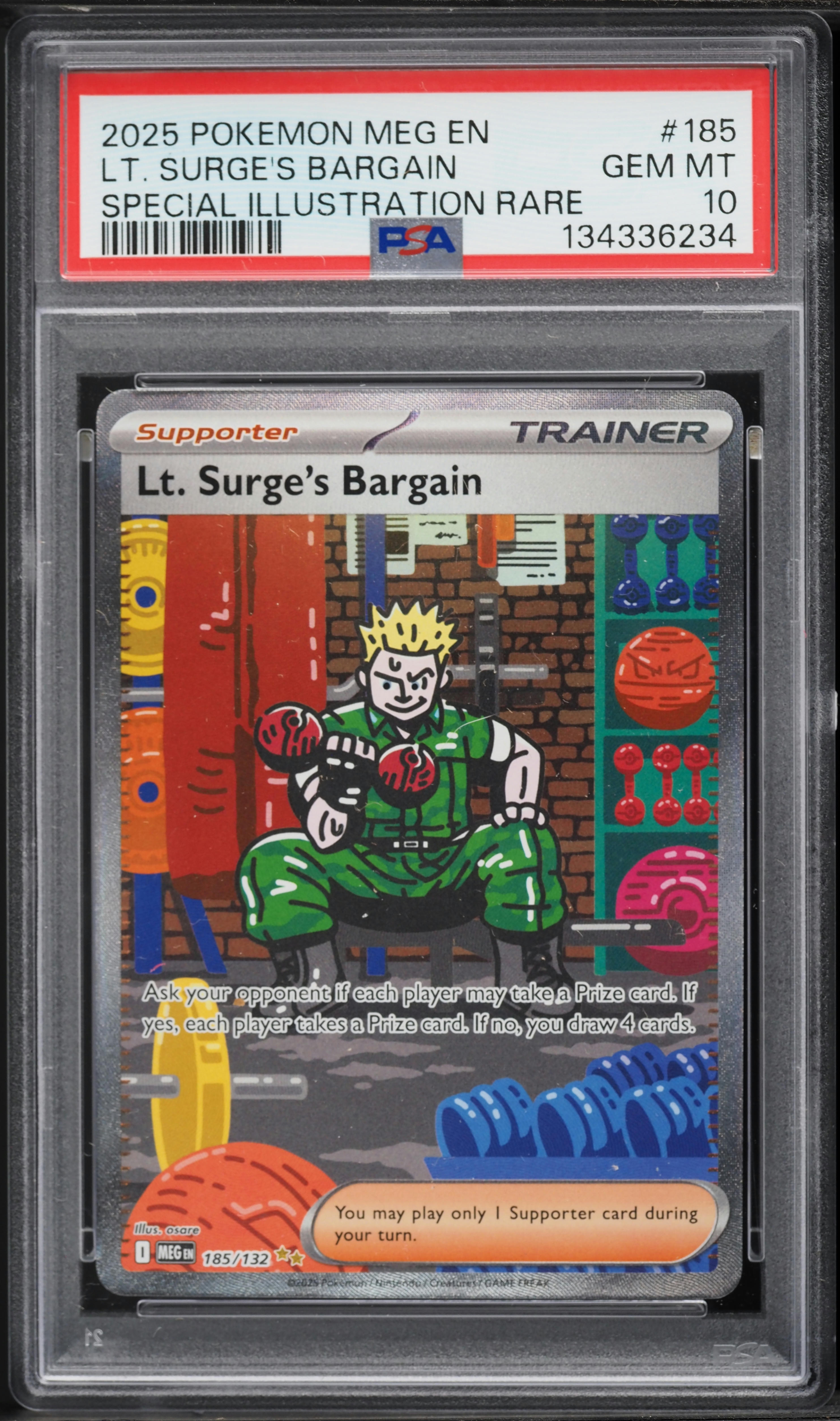 2025 Pokemon Mega Evolution SIR Lt Surge's Bargain #185 PSA 10 GEM MINT
