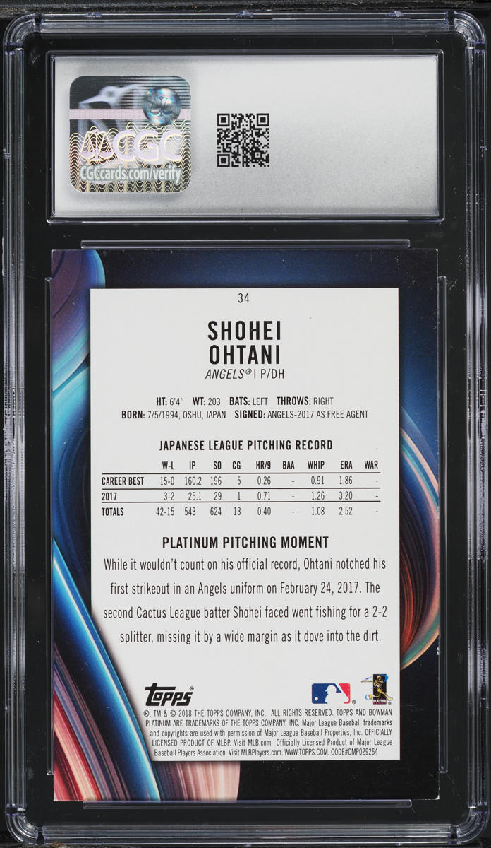 2018 Bowman Platinum Shohei Ohtani ROOKIE #34 CGC 7 NRMT